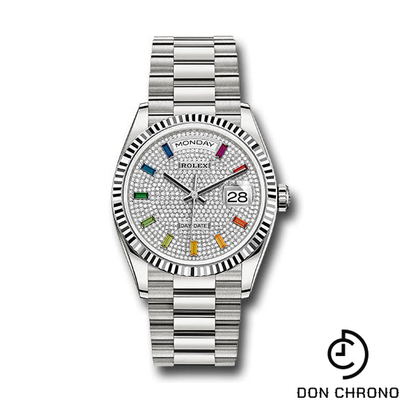 Rolex White Gold Day-Date 36 Watch - Fluted Bezel - Diamond Paved Rainbow Sapphire Dial - President Bracelet - 128239 dprsp