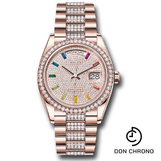 Rolex Everose Gold Day-Date 36 Watch - Diamond Bezel - Diamond-Paved Rainbow Sapphire Dial - Diamond President Bracelet - 128345RBR dprsdp