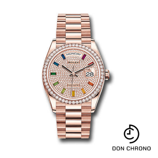 Rolex Everose Gold Day-Date 36 Watch - Diamond Bezel - Diamond-Paved Rainbow Sapphire Dial - President Bracelet - 128345RBR dprsp
