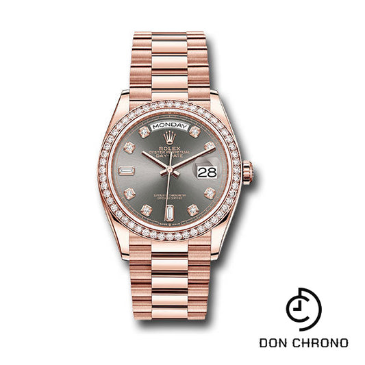 Rolex Everose Gold Day-Date 36 Watch - Diamond Bezel - Slate Diamond Dial - President Bracelet - 128345rbr sldp