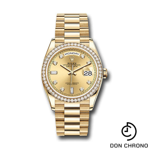 Rolex Yellow Gold Day-Date 36 Watch - Diamond Bezel - Champagne Diamond Dial - President Bracelet - 128348RBR chdp