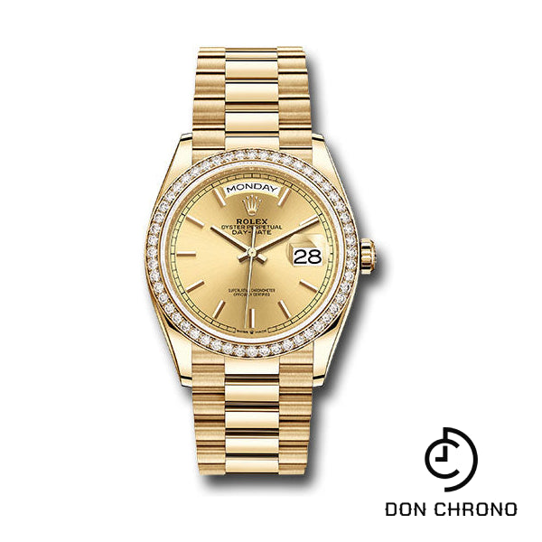 Rolex Yellow Gold Day-Date 36 Watch - Diamond Bezel - Champagne Index Dial - President Bracelet - 128348RBR chip
