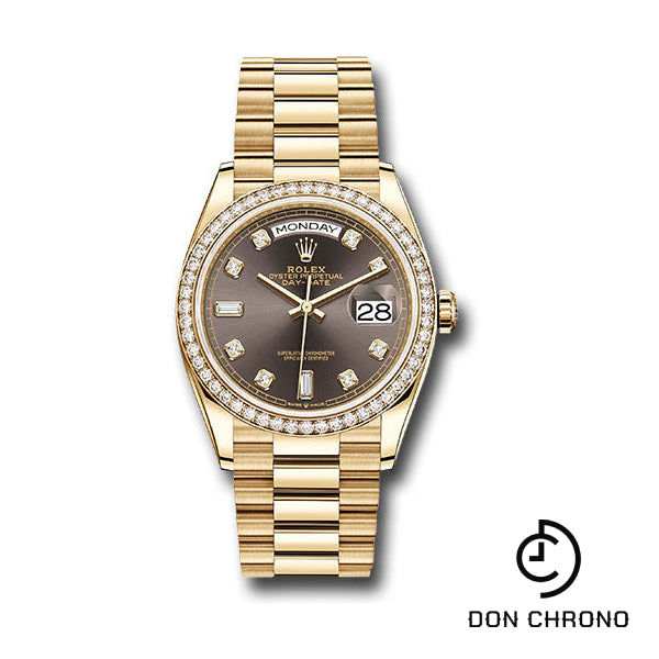 Rolex Yellow Gold Day-Date 36 Watch - Diamond Bezel - Dark Grey Diamond Dial - President Bracelet - 128348RBR dkgdp