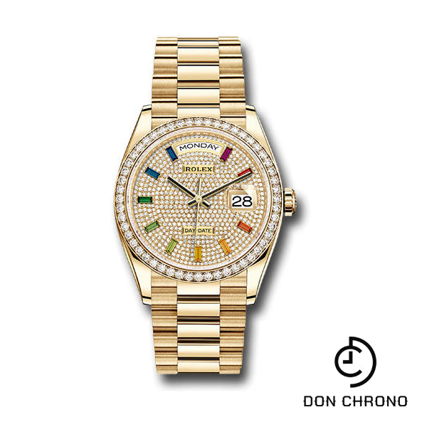 Rolex Yellow Gold Day-Date 36 Watch - Diamond Bezel - Diamond-Paved Rainbow Sapphire Dial - President Bracelet - 128348RBR dprsp