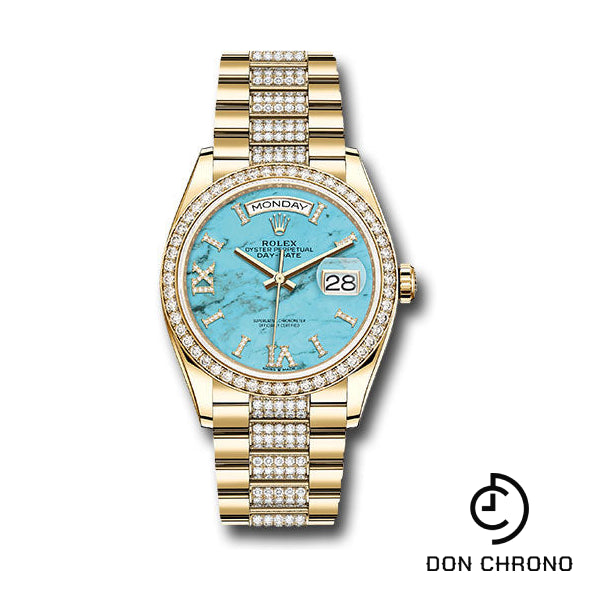 Rolex Yellow Gold Day-Date 36 Watch - Diamond Bezel - Turquoise Diamond Index Roman 9 Dial - Diamond President Bracelet - 128348rbr tdidrdp