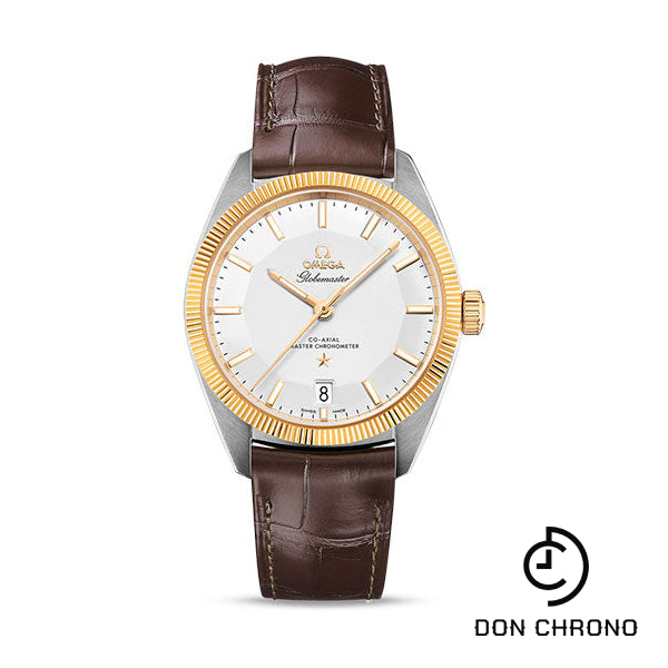 Omega Constellation Globemaster Co-Axial Master Chronometer Watch - 39 mm Steel And Yellow Gold Case - Yellow Gold Fluted Bezel - Silvery Dial - Brown Leather Strap - 130.23.39.21.02.001