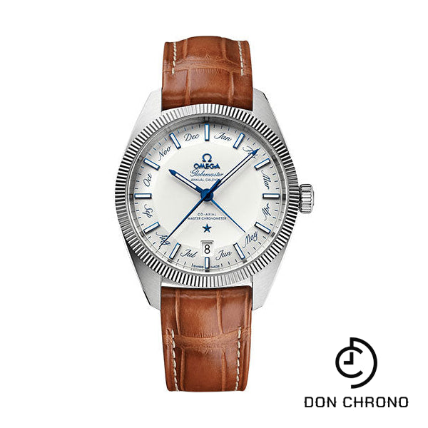 Omega Constellation Globemaster Co-Axial Master Chronometer Annual Calendar Watch - 41 mm Steel Case - Fluted Bezel - Silvery Dial - Light Brown Leather Strap - 130.33.41.22.02.001