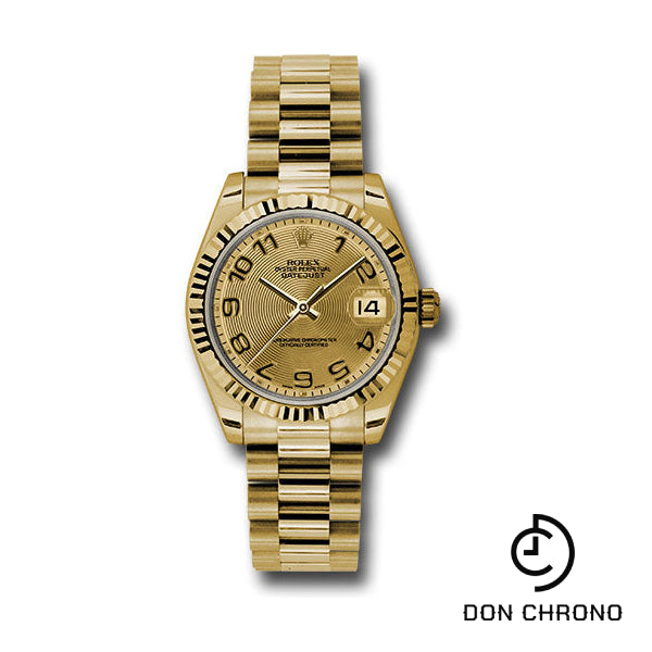 Rolex Yellow Gold Datejust 31 Watch - Fluted Bezel - Champagne Concentric Circle Arabic Dial - President Bracelet - 178278 chcap