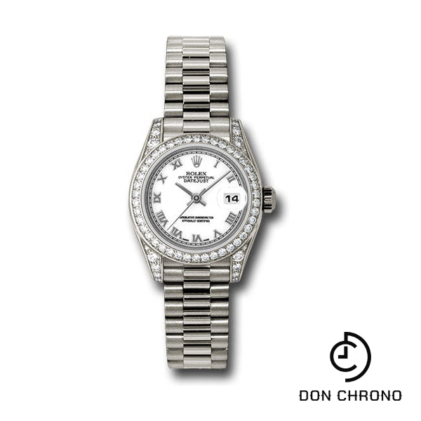 Rolex White Gold Lady-Datejust 26 Watch - 42 Diamond Bezel - White Roman Dial - President Bracelet - 179159 wrp