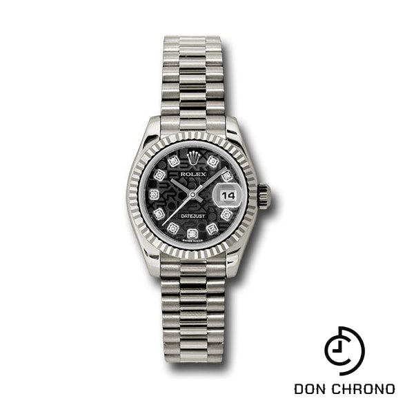 Rolex White Gold Lady-Datejust 26 Watch - Fluted Bezel - Black Jubilee Diamond Dial - President Bracelet - 179179 bkjdp