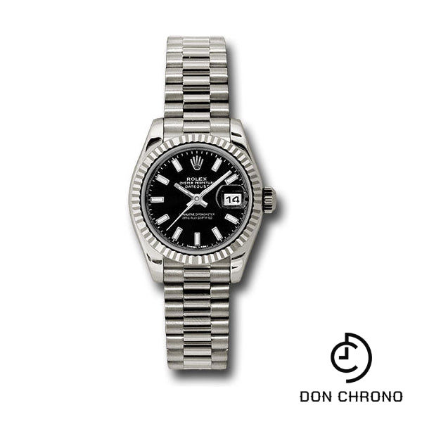 Rolex White Gold Lady-Datejust 26 Watch - Fluted Bezel - Black Index Dial - President Bracelet - 179179 bksp