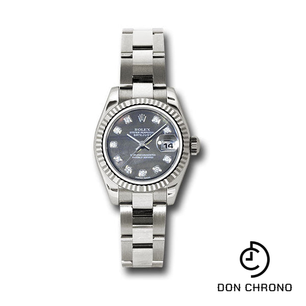 Rolex White Gold Lady-Datejust 26 Watch - Fluted Bezel - Black Mother-Of-Pearl Diamond Dial - Oyster Bracelet - 179179 dkmdo