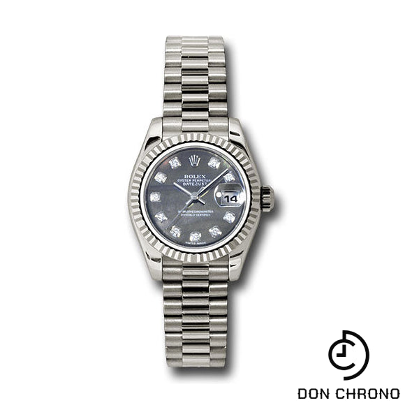 Rolex White Gold Lady-Datejust 26 Watch - Fluted Bezel - Black Mother-Of-Pearl Diamond Dial - President Bracelet - 179179 dkmdp