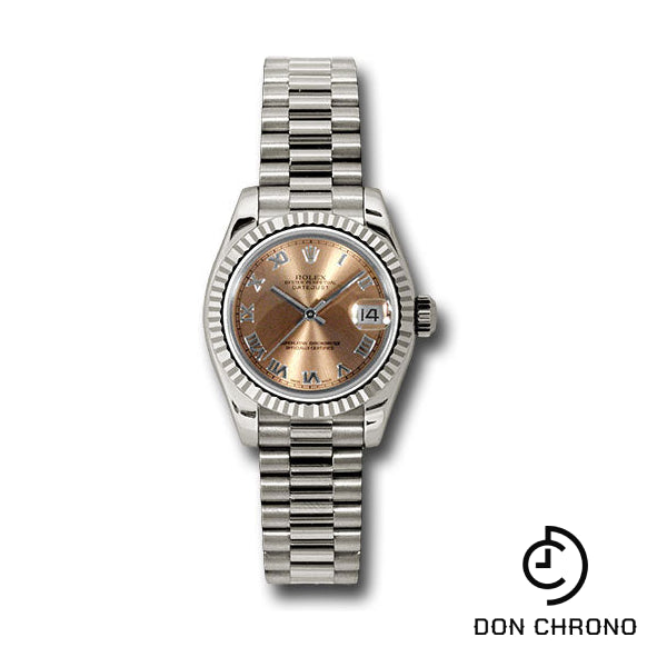 Rolex White Gold Lady-Datejust 26 Watch - Fluted Bezel - Pink Roman Dial - President Bracelet - 179179 prp