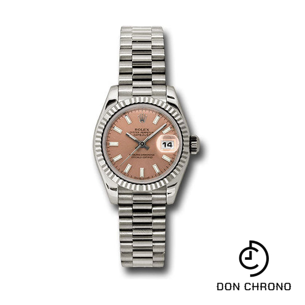 Rolex White Gold Lady-Datejust 26 Watch - Fluted Bezel - Pink Index Dial - President Bracelet - 179179 psp