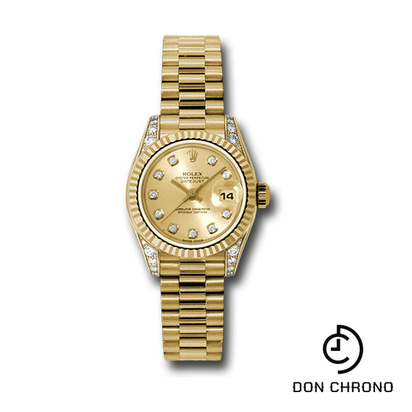 Rolex Yellow Gold Lady-Datejust 26 Watch - Fluted Bezel - Champagne Diamond Dial - President Bracelet - 179238 chdp