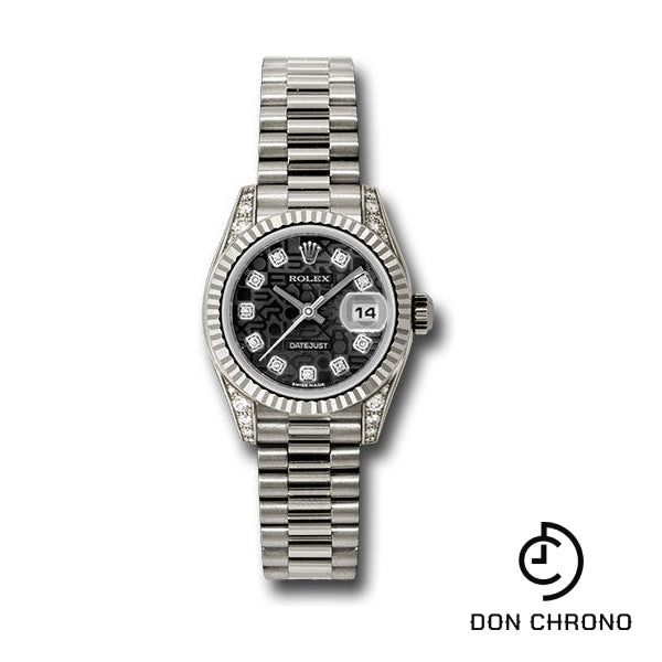 Rolex White Gold Lady-Datejust 26 Watch - Fluted Bezel - Black Jubilee Diamond Dial - President Bracelet - 179239 bkjdp
