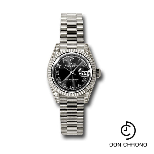 Rolex White Gold Lady-Datejust 26 Watch - Fluted Bezel - Black Roman Dial - President Bracelet - 179239 bkrp