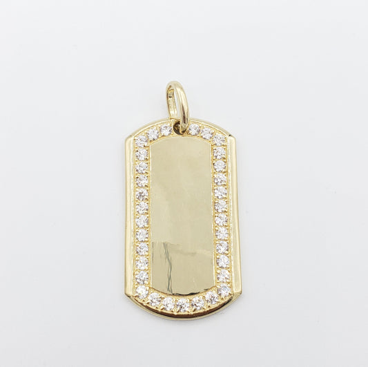 14K Gold- Dog Tag with CZ Trim Pendant