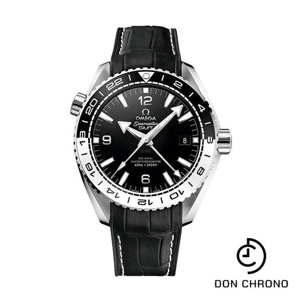 Omega Seamaster Planet Ocean 600 M Co-Axial Master Chronometer GMT Watch - 43.5 mm Steel Case - Bi-Directional Bezel - Black Ceramic Dial - Black Leather Strap - 215.33.44.22.01.001