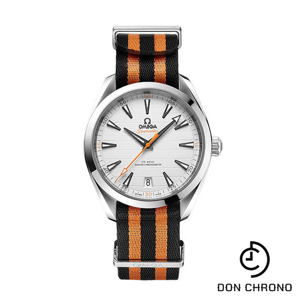Omega Aqua Terra 150M Co-Axial Master Chronometer Golf Edition Watch - 41 mm Steel Case - Silvery Dial - Black And Orange Striped Nato Strap - 220.12.41.21.02.003