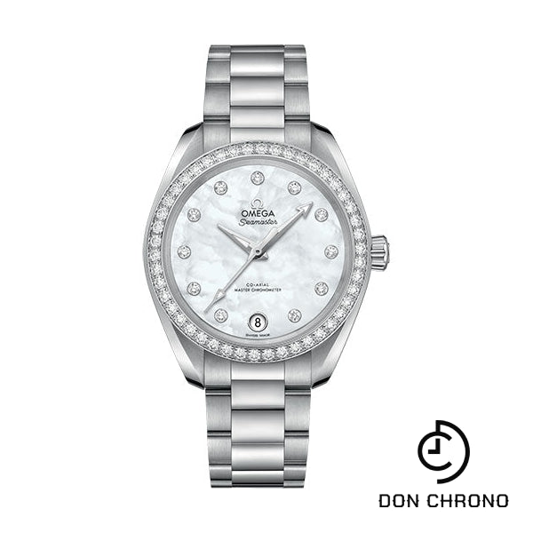 Omega Seamaster Aqua Terra 150M Co-Axial Master Chronometer Watch - 34 mm Steel Case - Diamond-Set Bezel - White Mother-Of-Pearl Diamond Dial - 220.15.34.20.55.001