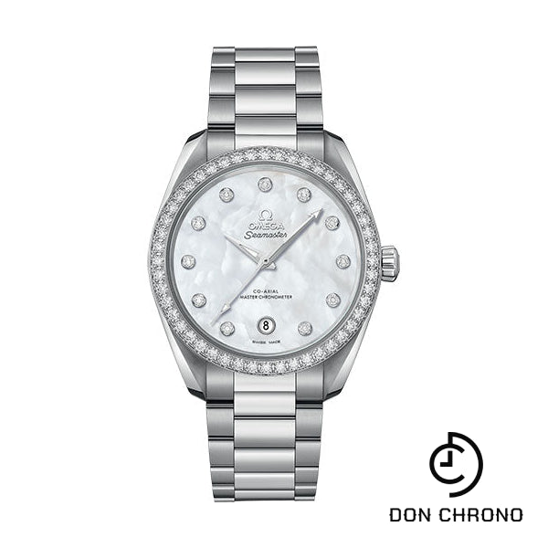 Omega Seamaster Aqua Terra 150M Co-Axial Master Chronometer Ladies Watch - 38 mm Steel Case - Diamond-Set Bezel - White Mother-Of-Pearl Diamond Dial - 220.15.38.20.55.001