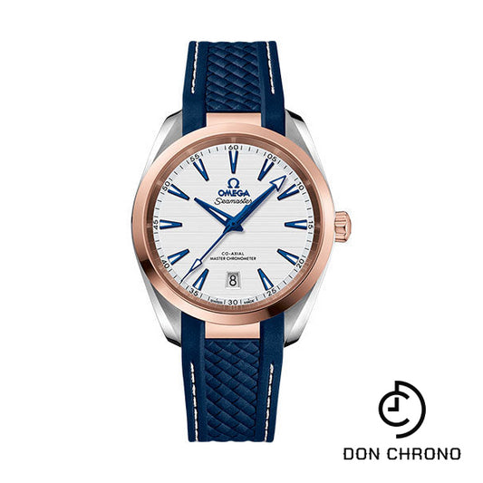 Omega Aqua Terra 150M Co-Axial Master Chronometer Watch - 38 mm Steel And Sedna Gold Case - Silvery Dial - Blue Structured Rubber Strap - 220.22.38.20.02.001