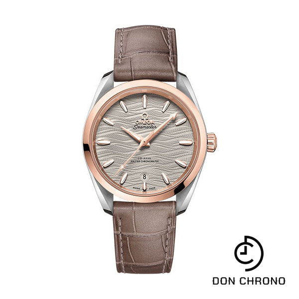 Omega Seamaster Aqua Terra 150M Co-Axial Master Chronometer Ladies Watch - 38 mm Steel And Sedna Gold Case - Waved Agate Grey Dial - Taupe-Brown Leather Strap - 220.23.38.20.06.001