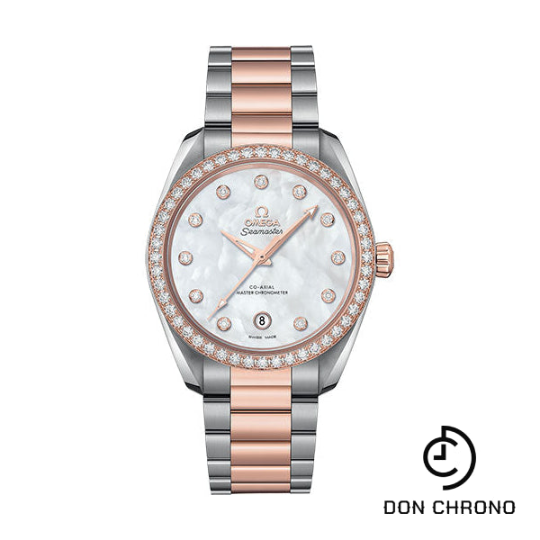 Omega Seamaster Aqua Terra 150M Co-Axial Master Chronometer Ladies Watch - 38 mm Steel And Sedna Gold Case - White Mother-Of-Pearl Diamond Dial - 220.25.38.20.55.001