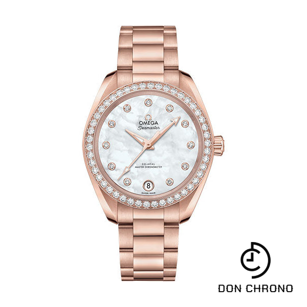Omega Seamaster Aqua Terra 150M Co-Axial Master Chronometer Watch - 34 mm Sedna Gold Case - Diamond-Set Bezel - White Mother-Of-Pearl Diamond Dial - 220.55.34.20.55.001