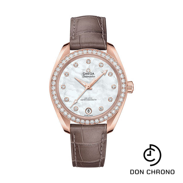 Omega Seamaster Aqua Terra 150M Co-Axial Master Chronometer Watch - 34 mm Sedna Gold Case - Diamond-Set Bezel - White Mother-Of-Pearl Diamond Dial - Taupe-Brown Leather Strap - 220.58.34.20.55.001