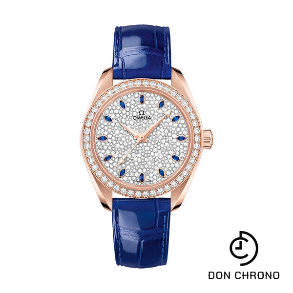 Omega Seamaster Aqua Terra 150M Co-Axial Master Chronometer Watch - 34 mm Sedna Gold Case - Diamond-Set Bezel - Radiant Diamond Dial - Glossy Blue Leather Strap - 220.58.34.20.99.002