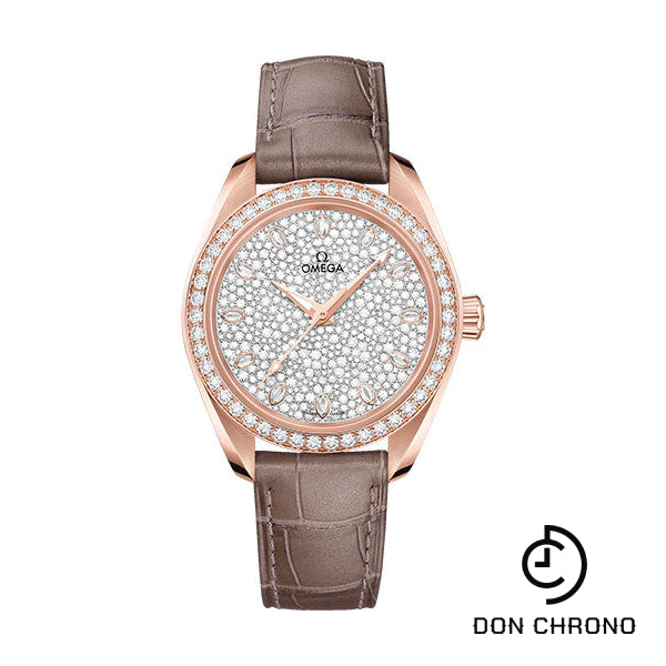 Omega Seamaster Aqua Terra 150M Co-Axial Master Chronometer Watch - 34 mm Sedna Gold Case - Diamond-Set Bezel - Radiant Diamond Dial - Taupe-Brown Leather Strap - 220.58.34.20.99.003