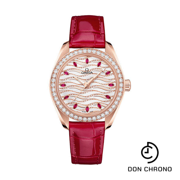 Omega Seamaster Aqua Terra 150M Omega Co-Axial Master Chronometer - 34 mm Sedna Gold Case - Diamond Bezel - White Diamond Wave Ruby Dial - Glossy Red Leather Strap - 220.58.34.20.99.004