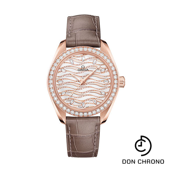 Omega Seamaster Aqua Terra 150M Co-Axial Master Chronometer Watch - 34 mm Sedna Gold Case - Diamond-Set Bezel - Radiant Diamond Dial - Taupe-Brown Leather Strap - 220.58.34.20.99.006