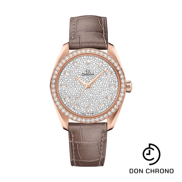 Omega Seamaster Aqua Terra 150M Co-Axial Master Chronometer Ladies Watch - 38 mm Sedna Gold Case - Diamond-Set Bezel - Radiant Diamond Dial - Taupe-Brown Leather Strap - 220.58.38.20.99.003