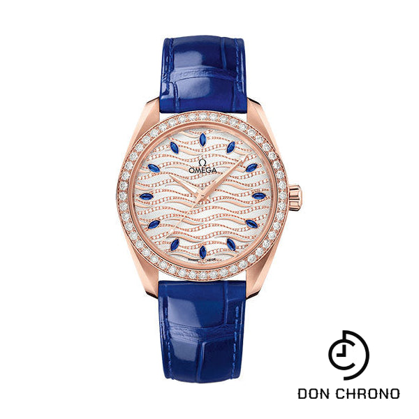 Omega Seamaster Aqua Terra 150M Omega Co-Axial Master Chronometer Ladies' - 38 mm Sedna Gold Case - Diamond Bezel - White Diamond Wave Sapphire Dial - Glossy Blue Leather Strap - 220.58.38.20.99.005