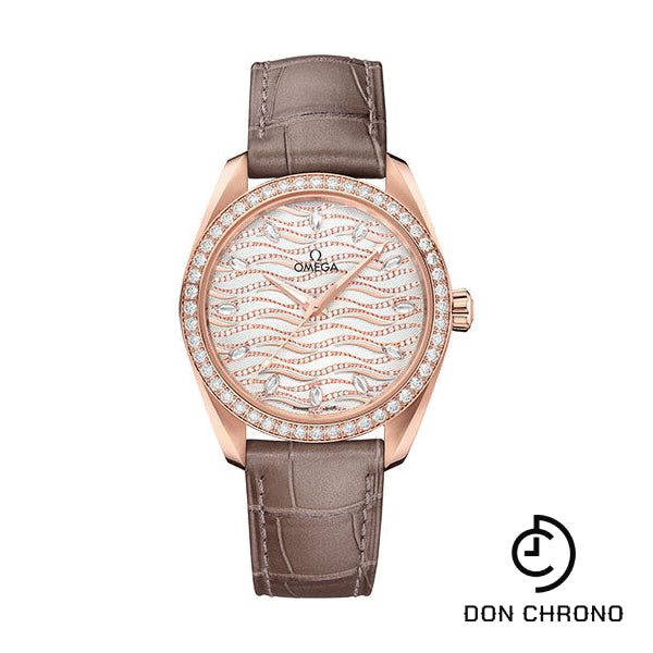 Omega Seamaster Aqua Terra 150M Co-Axial Master Chronometer Ladies Watch - 38 mm Sedna Gold Case - Diamond-Set Bezel - Radiant Diamond Dial - Taupe-Brown Leather Strap - 220.58.38.20.99.006