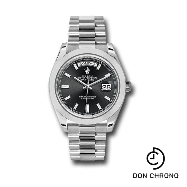 Rolex 950 Platinum Day-Date 40 Watch - Smooth Bezel - Black Baguette Diamond Dial - President Bracelet - 228206 bkbdp