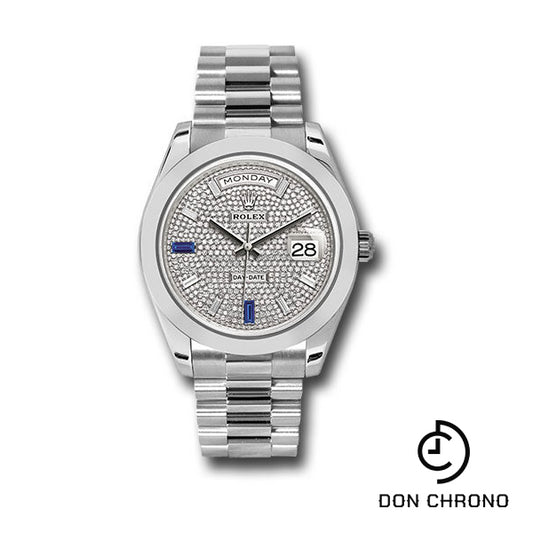 Rolex Platinum Day-Date 40 Watch - Smooth Bezel - Diamond And Sapphire Paved Diamond Dial - President Bracelet - 228206 dp7d2sp