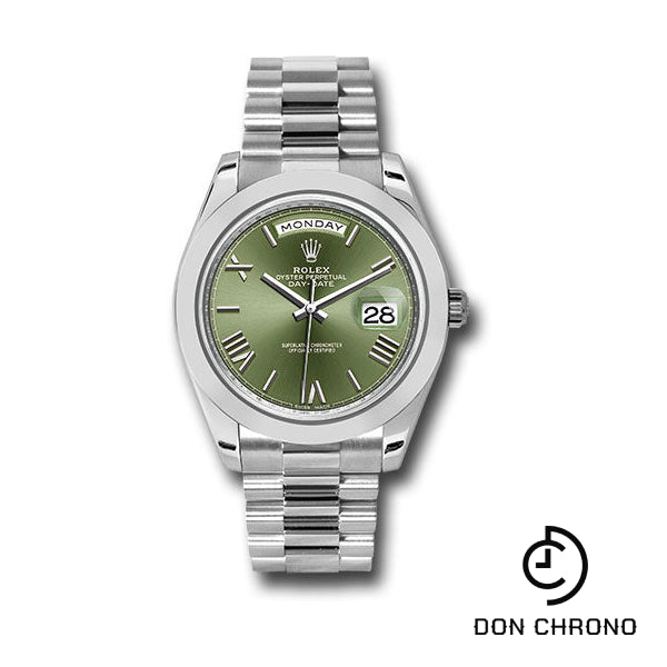 Rolex 950 Platinum Day-Date 40 Watch - Smooth Bezel - Olive Green Bevelled Roman Dial - President Bracelet - 228206 ogrp