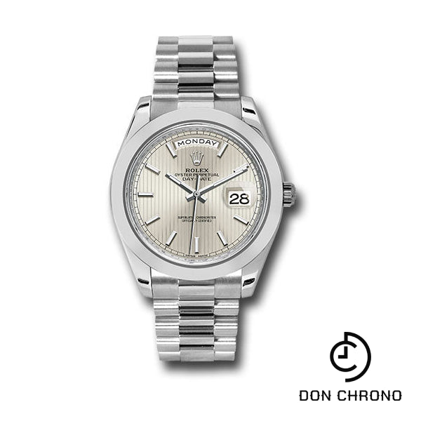 Rolex 950 Platinum Day-Date 40 Watch - Smooth Bezel - Silver Strip Motif Index Dial - President Bracelet - 228206 ssmip