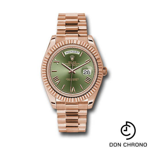 Rolex Everose Gold Day-Date 40 Watch - Fluted Bezel - Olive Green Bevelled Roman Dial - President Bracelet - 228235 ogrp