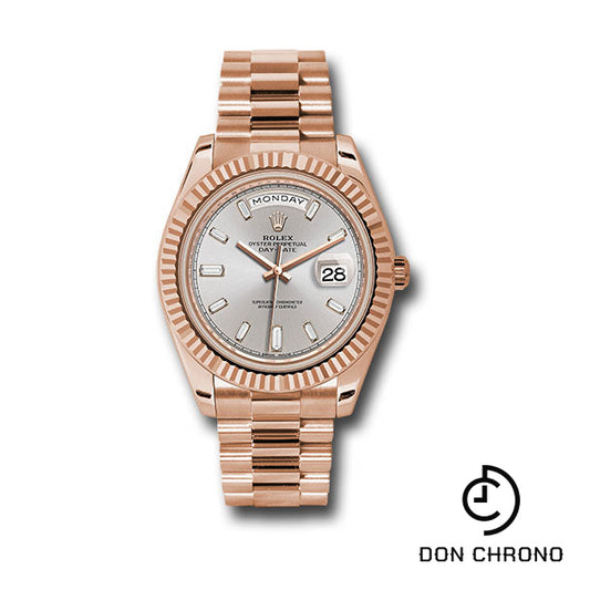 Rolex Everose Gold Day-Date 40 Watch - Fluted Bezel - Sundust Baguette-Cut Diamond Dial - President Bracelet - 228235 sdbdp