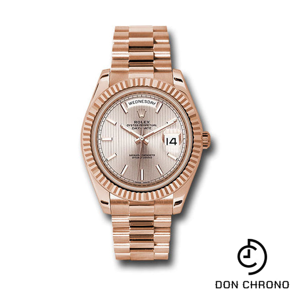 Rolex Everose Gold Day-Date 40 Watch - Fluted Bezel - Sundust Strip Motif Index Dial - President Bracelet - 228235 sdsmip