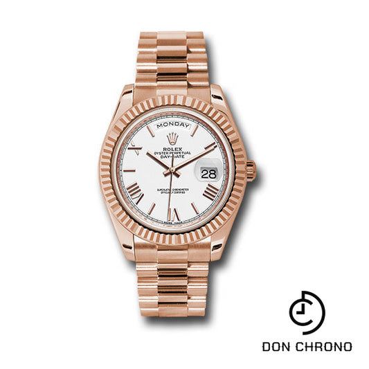 Rolex Everose Gold Day-Date 40 Watch - Fluted Bezel - White Bevelled Roman Dial - President Bracelet - 228235 wrp