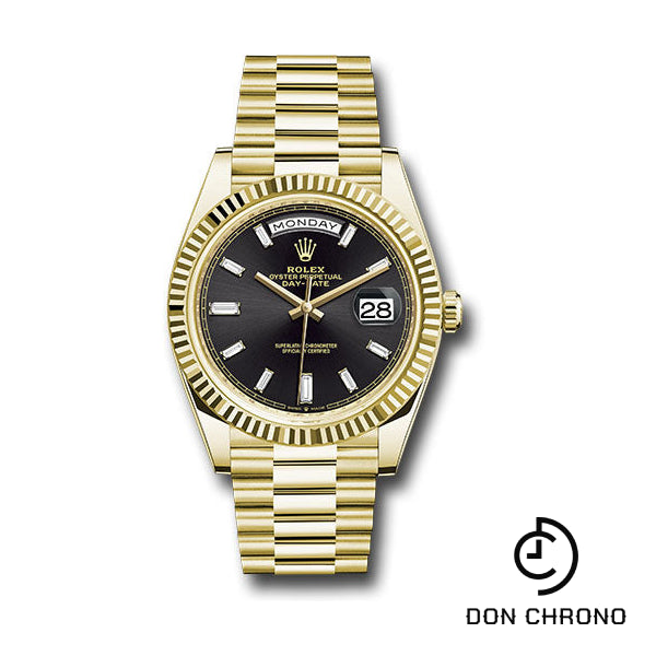 Rolex Yellow Gold Day-Date 40 Watch - Fluted Bezel - Black Baguette Diamond Dial - President Bracelet - 228238 bkbdp