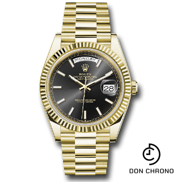 Rolex Yellow Gold Day-Date 40 Watch - Fluted Bezel - Black Index Dial - President Bracelet - 228238 bkip