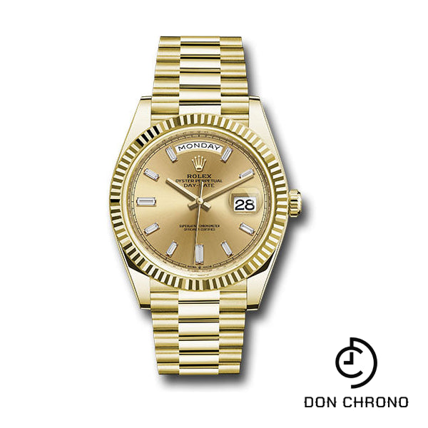 Rolex Yellow Gold Day-Date 40 Watch - Fluted Bezel - Champagne Baguette Diamond Dial - President Bracelet - 228238 chbdp